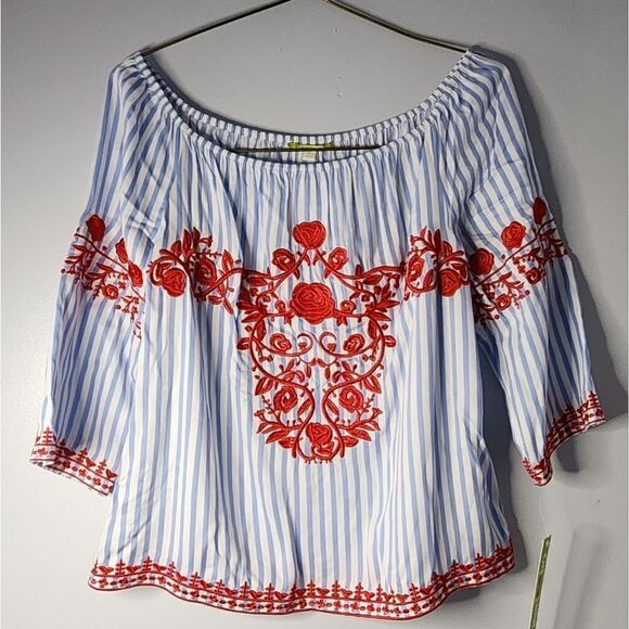 GIANNI BINI CONSUELA PEASANT OFF SHOULDER TOP Small Blue Striped And Red - Picture 1 of 8